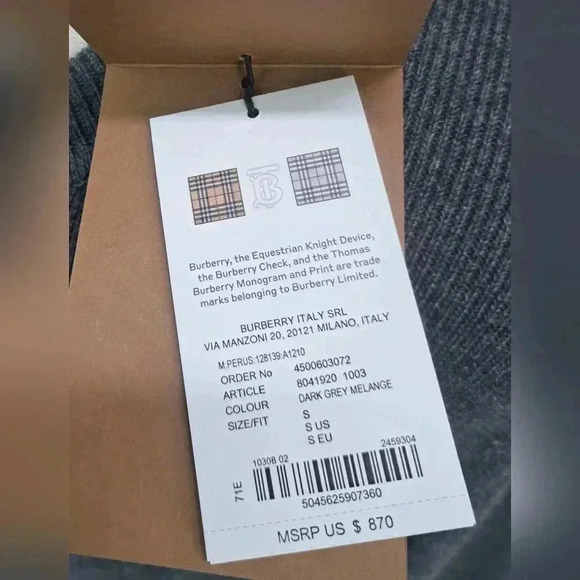 NWT Burberry  Men's Ribbed Sweater TB Logo Cashmere Gray Crewneck Small - Picture 3 of 16